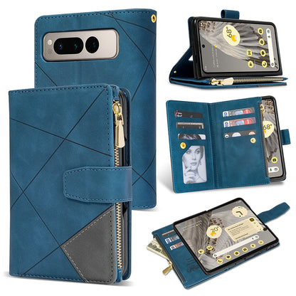 For Google Pixel Fold Leather Flip Phone Case Zipper Pocket Stand Lines Imprinted Wallet Cover