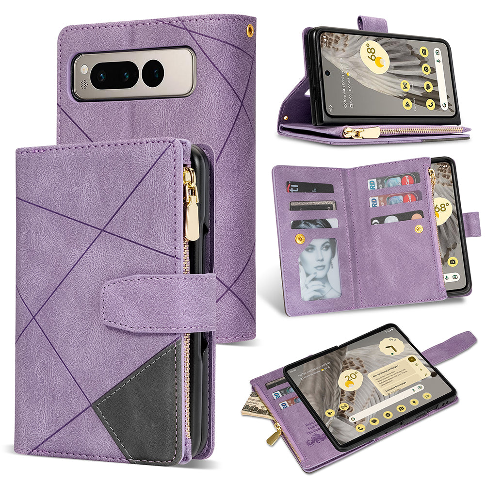 For Google Pixel Fold Leather Flip Phone Case Zipper Pocket Stand Lines Imprinted Wallet Cover