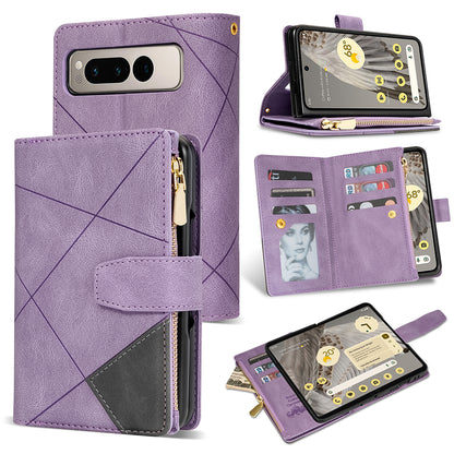 For Google Pixel Fold Leather Flip Phone Case Zipper Pocket Stand Lines Imprinted Wallet Cover