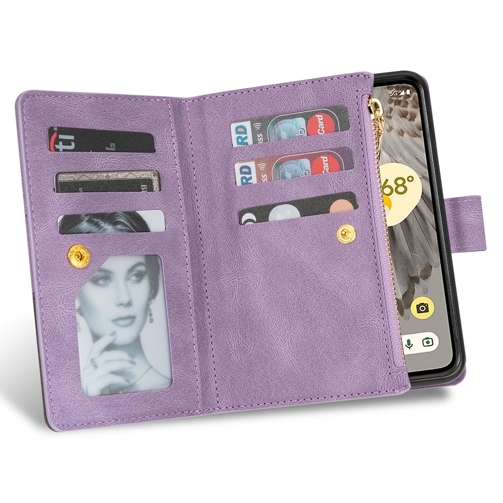 For Google Pixel Fold Leather Flip Phone Case Zipper Pocket Stand Lines Imprinted Wallet Cover