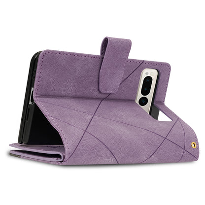 For Google Pixel Fold Leather Flip Phone Case Zipper Pocket Stand Lines Imprinted Wallet Cover