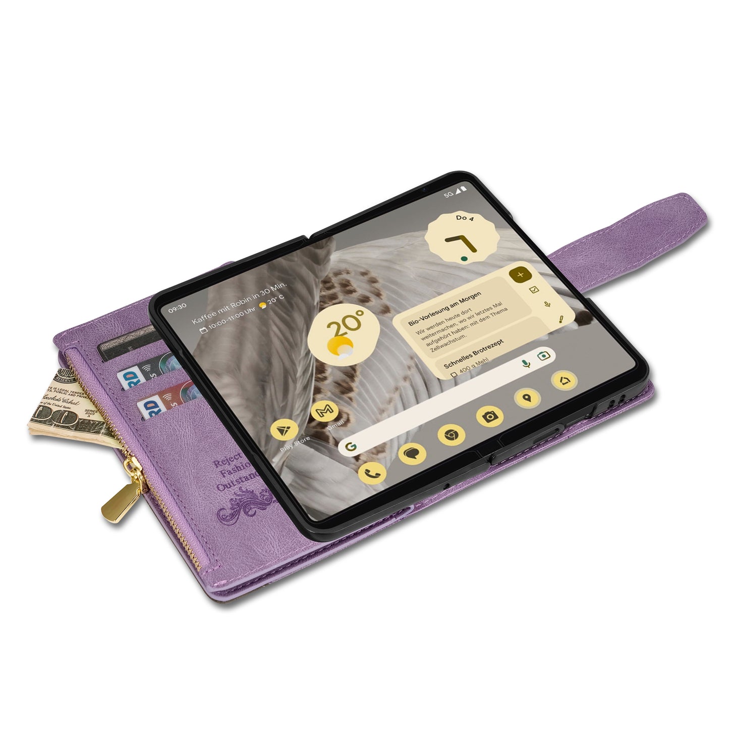 For Google Pixel Fold Leather Flip Phone Case Zipper Pocket Stand Lines Imprinted Wallet Cover