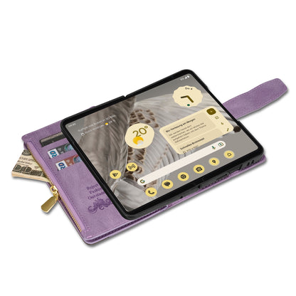 For Google Pixel Fold Leather Flip Phone Case Zipper Pocket Stand Lines Imprinted Wallet Cover