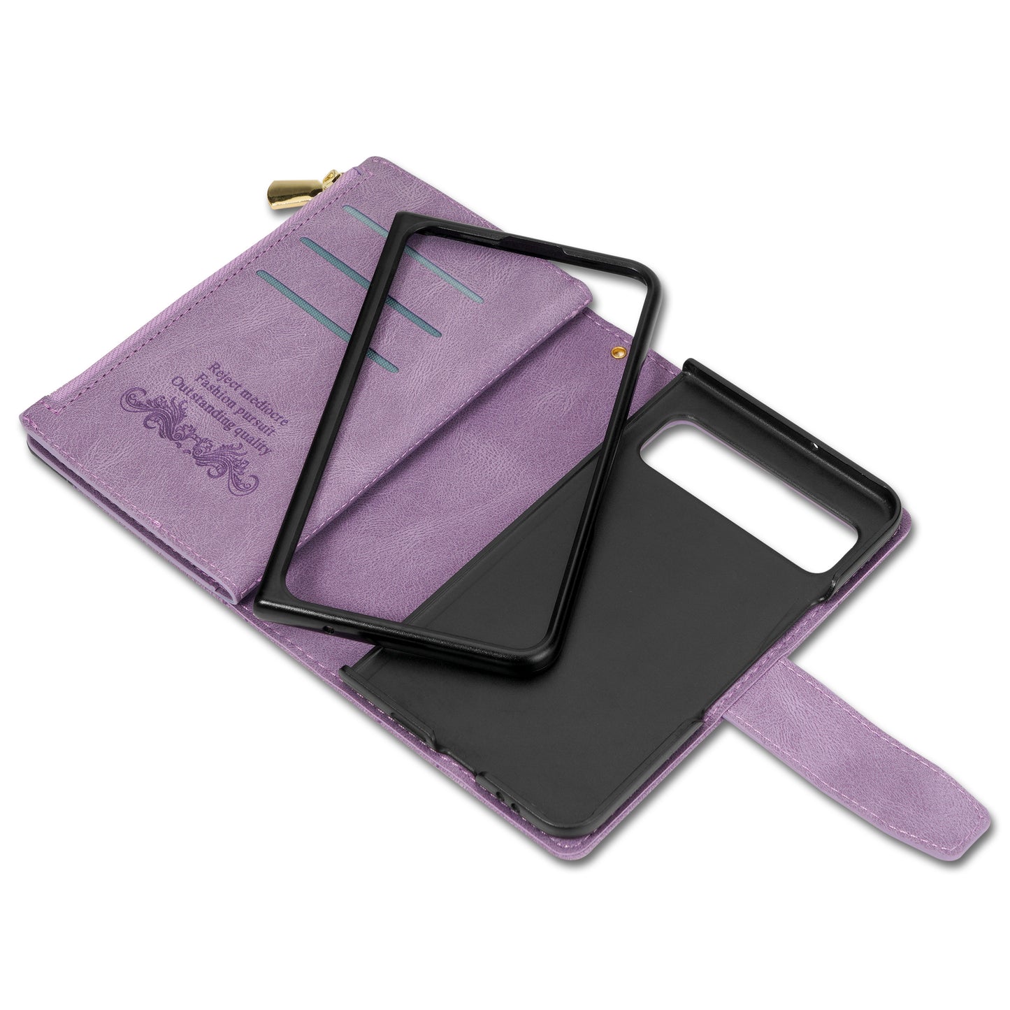 For Google Pixel Fold Leather Flip Phone Case Zipper Pocket Stand Lines Imprinted Wallet Cover