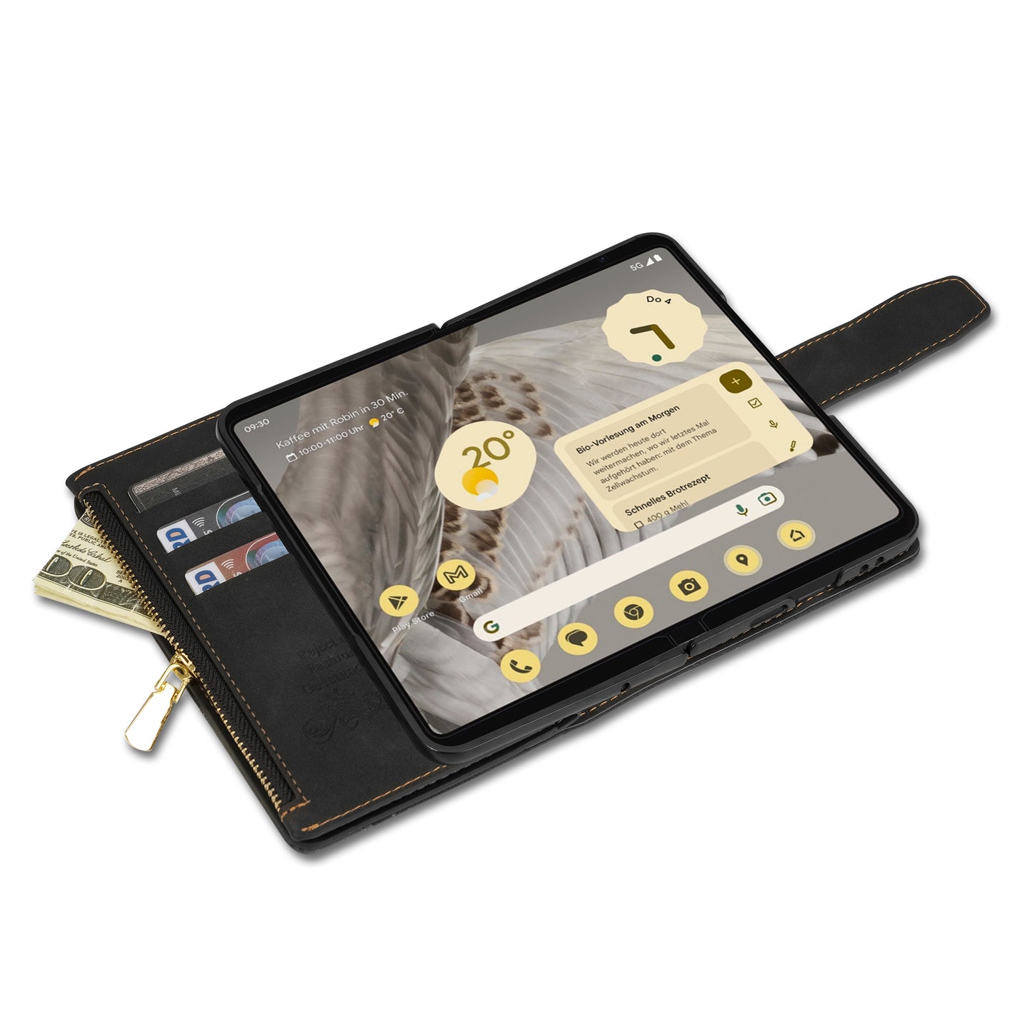 For Google Pixel Fold Leather Flip Phone Case Zipper Pocket Stand Lines Imprinted Wallet Cover