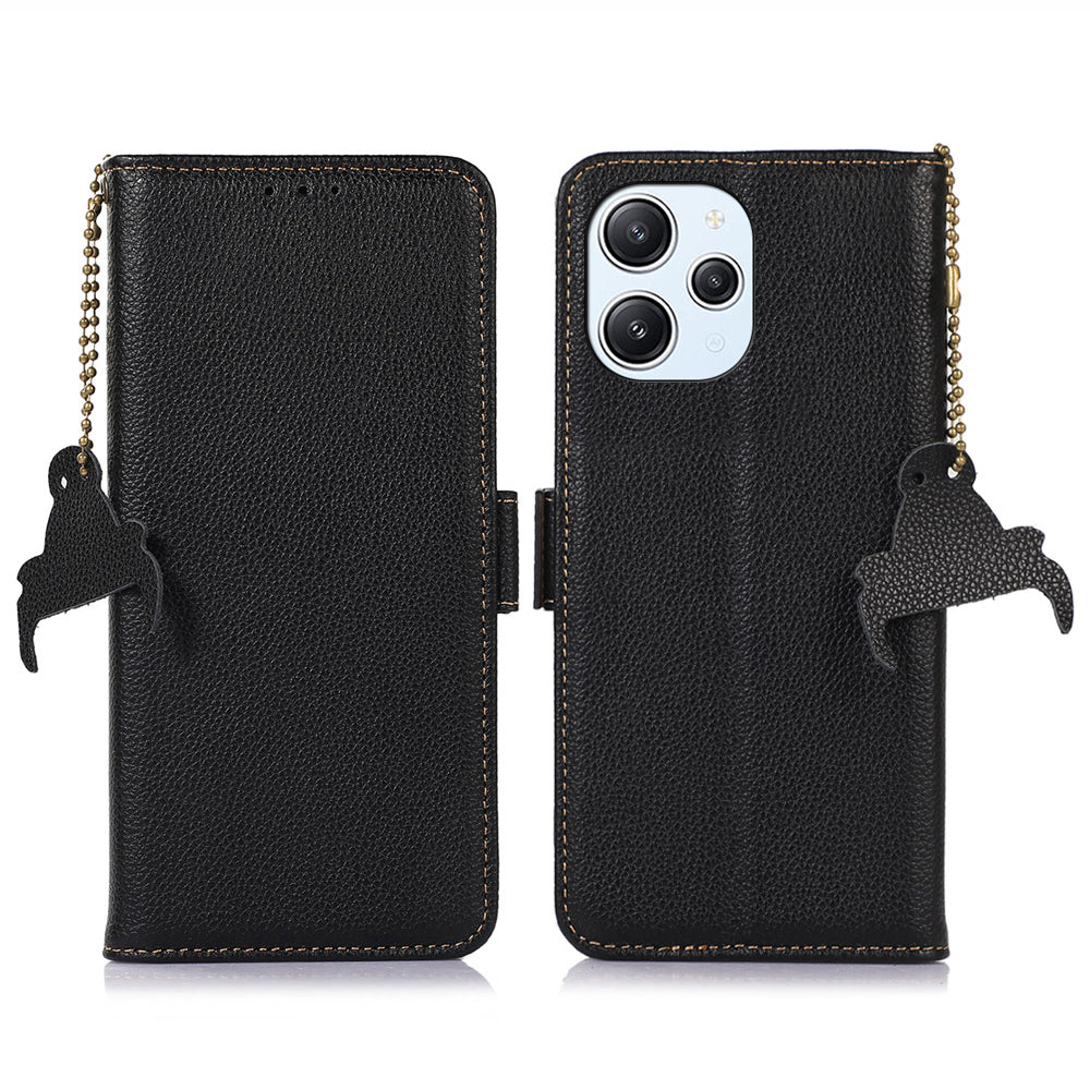 RFID Blocking Phone Case for Xiaomi Redmi 12 4G , Genuine Cow Leather Stand Wallet Anti-drop Cover