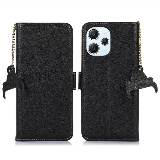 RFID Blocking Phone Case for Xiaomi Redmi 12 4G , Genuine Cow Leather Stand Wallet Anti-drop Cover
