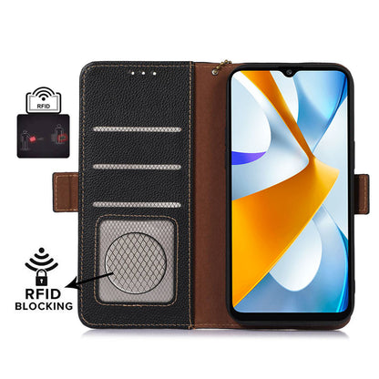 RFID Blocking Phone Case for Xiaomi Redmi 12 4G , Genuine Cow Leather Stand Wallet Anti-drop Cover