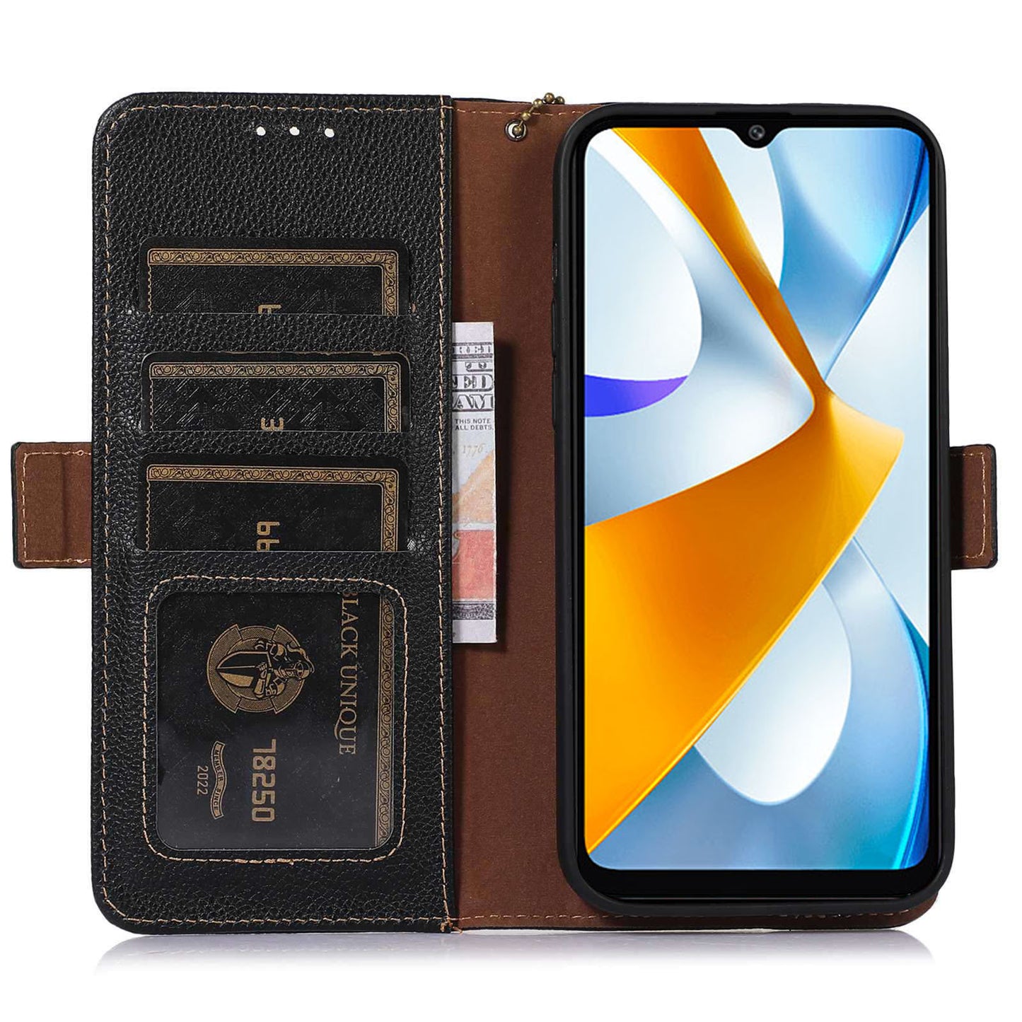 RFID Blocking Phone Case for Xiaomi Redmi 12 4G , Genuine Cow Leather Stand Wallet Anti-drop Cover