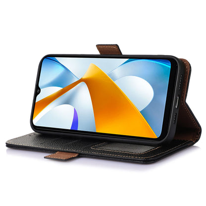 RFID Blocking Phone Case for Xiaomi Redmi 12 4G , Genuine Cow Leather Stand Wallet Anti-drop Cover