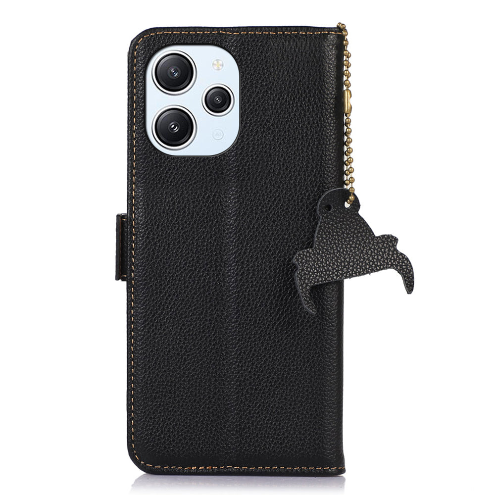 RFID Blocking Phone Case for Xiaomi Redmi 12 4G , Genuine Cow Leather Stand Wallet Anti-drop Cover