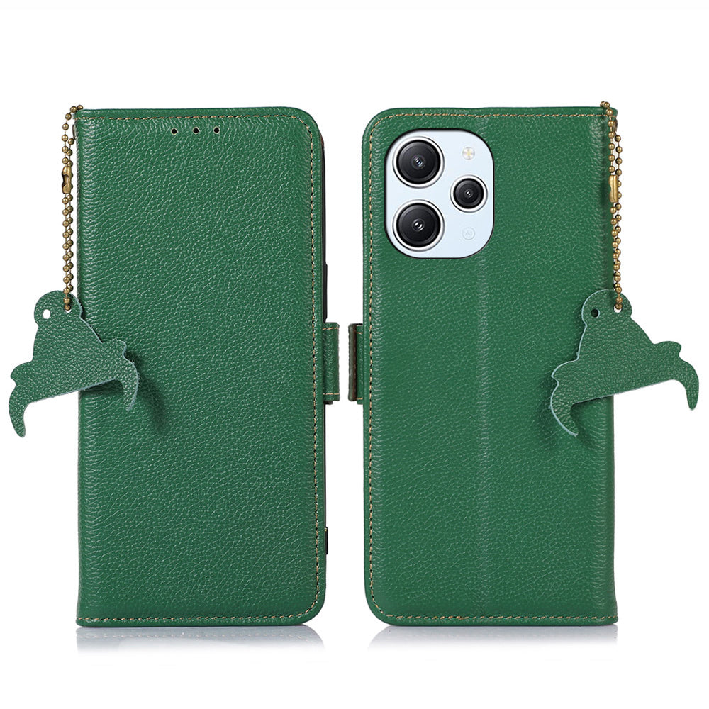 RFID Blocking Phone Case for Xiaomi Redmi 12 4G , Genuine Cow Leather Stand Wallet Anti-drop Cover