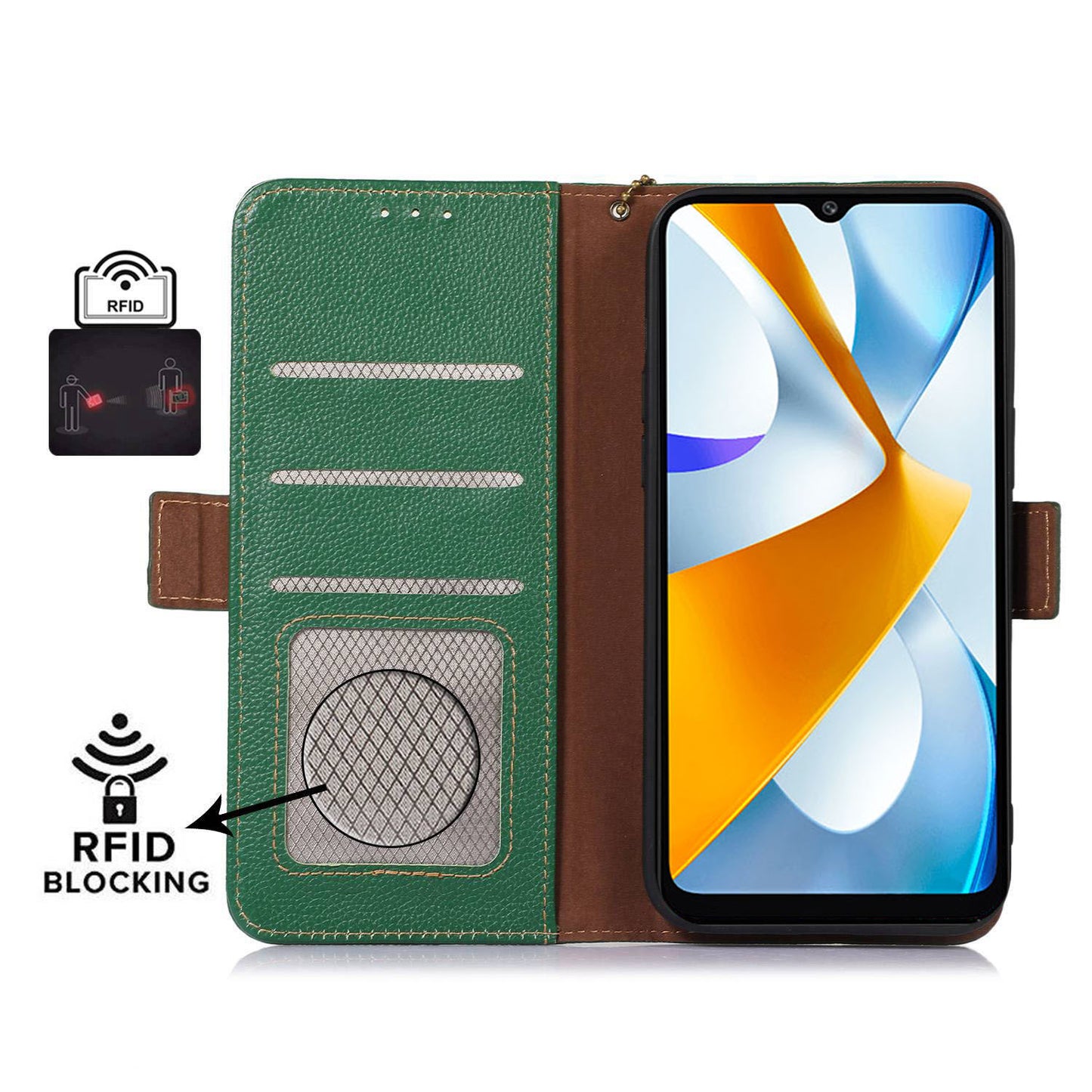 RFID Blocking Phone Case for Xiaomi Redmi 12 4G , Genuine Cow Leather Stand Wallet Anti-drop Cover