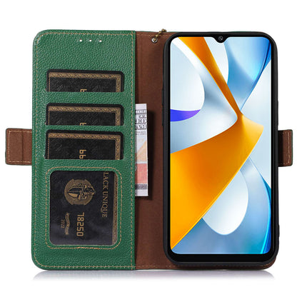 RFID Blocking Phone Case for Xiaomi Redmi 12 4G , Genuine Cow Leather Stand Wallet Anti-drop Cover