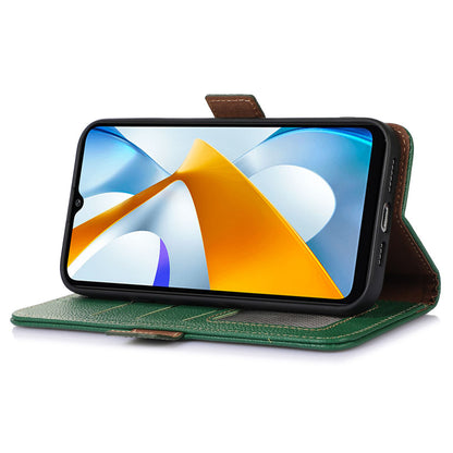 RFID Blocking Phone Case for Xiaomi Redmi 12 4G , Genuine Cow Leather Stand Wallet Anti-drop Cover