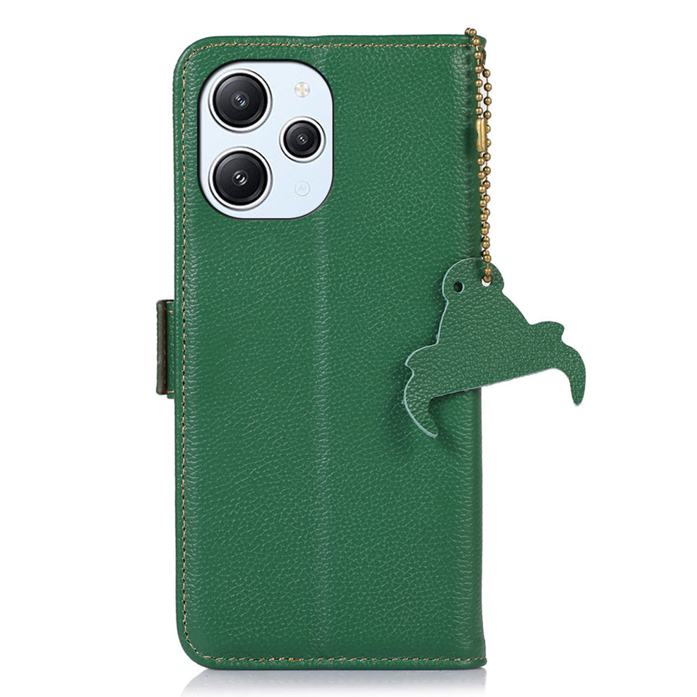 RFID Blocking Phone Case for Xiaomi Redmi 12 4G , Genuine Cow Leather Stand Wallet Anti-drop Cover