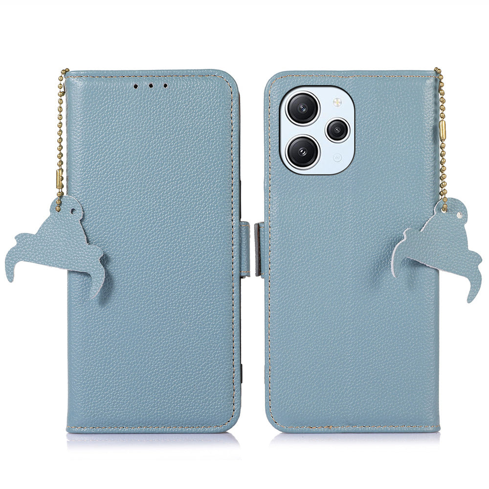 RFID Blocking Phone Case for Xiaomi Redmi 12 4G , Genuine Cow Leather Stand Wallet Anti-drop Cover