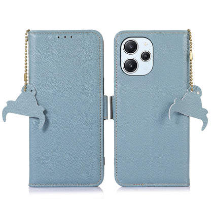 RFID Blocking Phone Case for Xiaomi Redmi 12 4G , Genuine Cow Leather Stand Wallet Anti-drop Cover