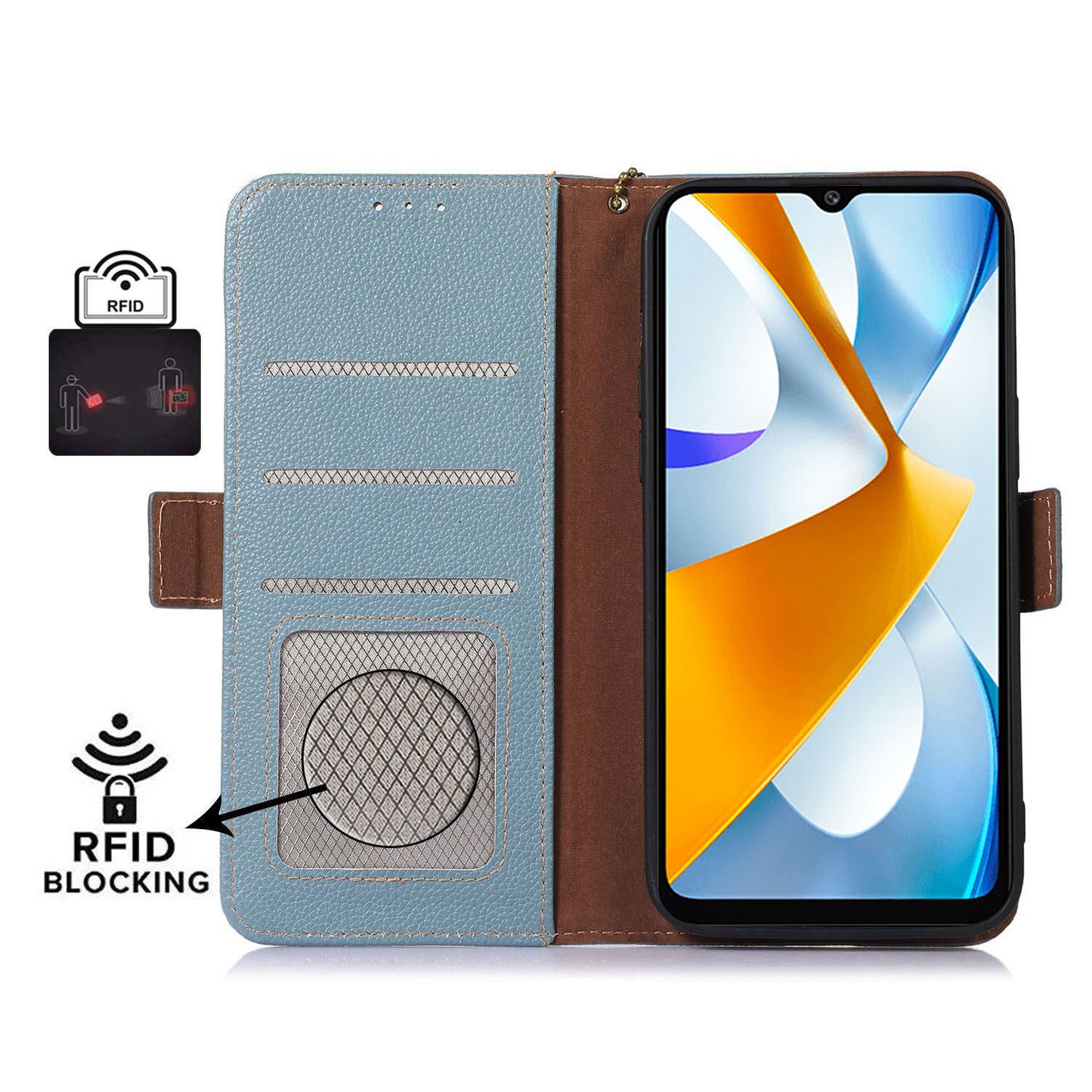 RFID Blocking Phone Case for Xiaomi Redmi 12 4G , Genuine Cow Leather Stand Wallet Anti-drop Cover