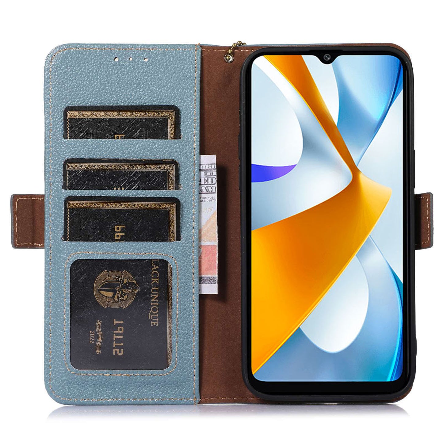 RFID Blocking Phone Case for Xiaomi Redmi 12 4G , Genuine Cow Leather Stand Wallet Anti-drop Cover