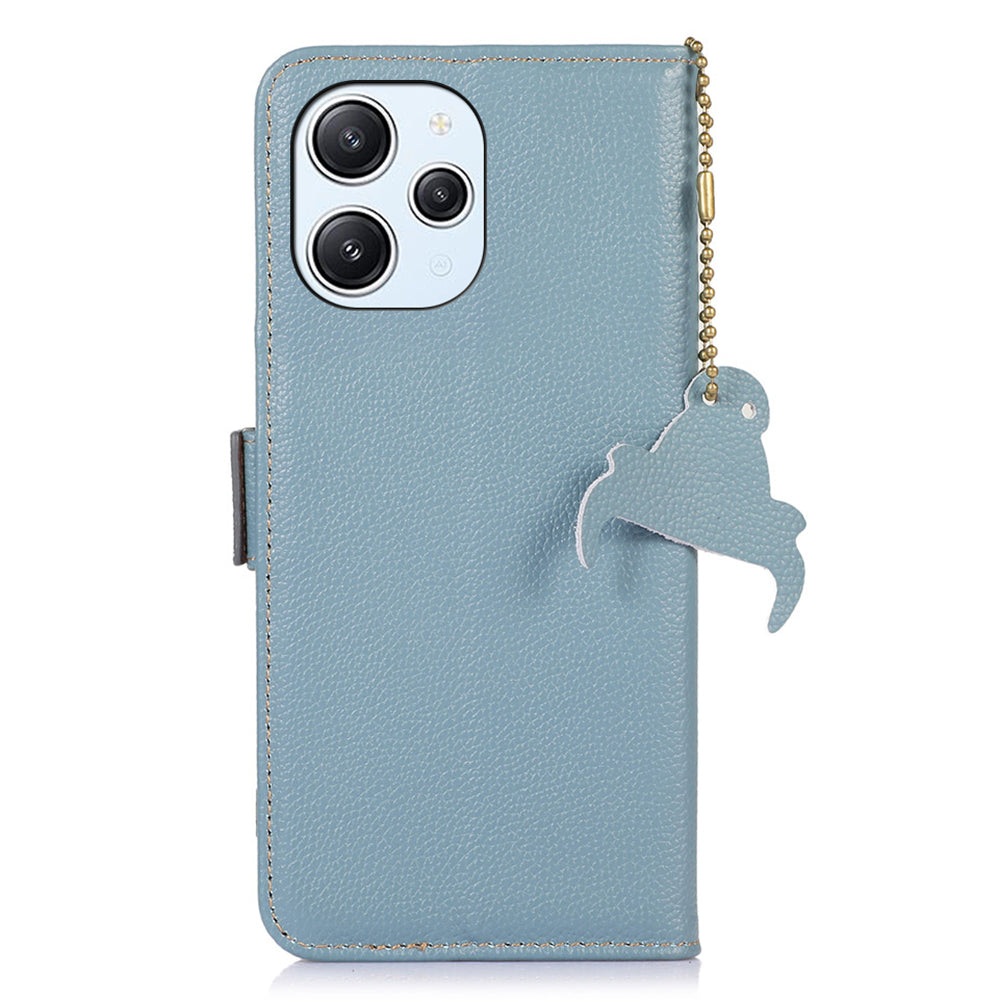 RFID Blocking Phone Case for Xiaomi Redmi 12 4G , Genuine Cow Leather Stand Wallet Anti-drop Cover