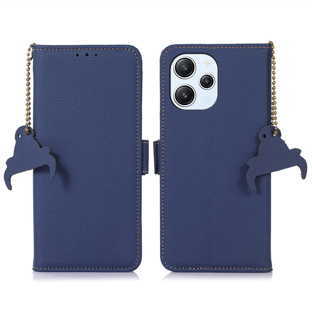 RFID Blocking Phone Case for Xiaomi Redmi 12 4G , Genuine Cow Leather Stand Wallet Anti-drop Cover
