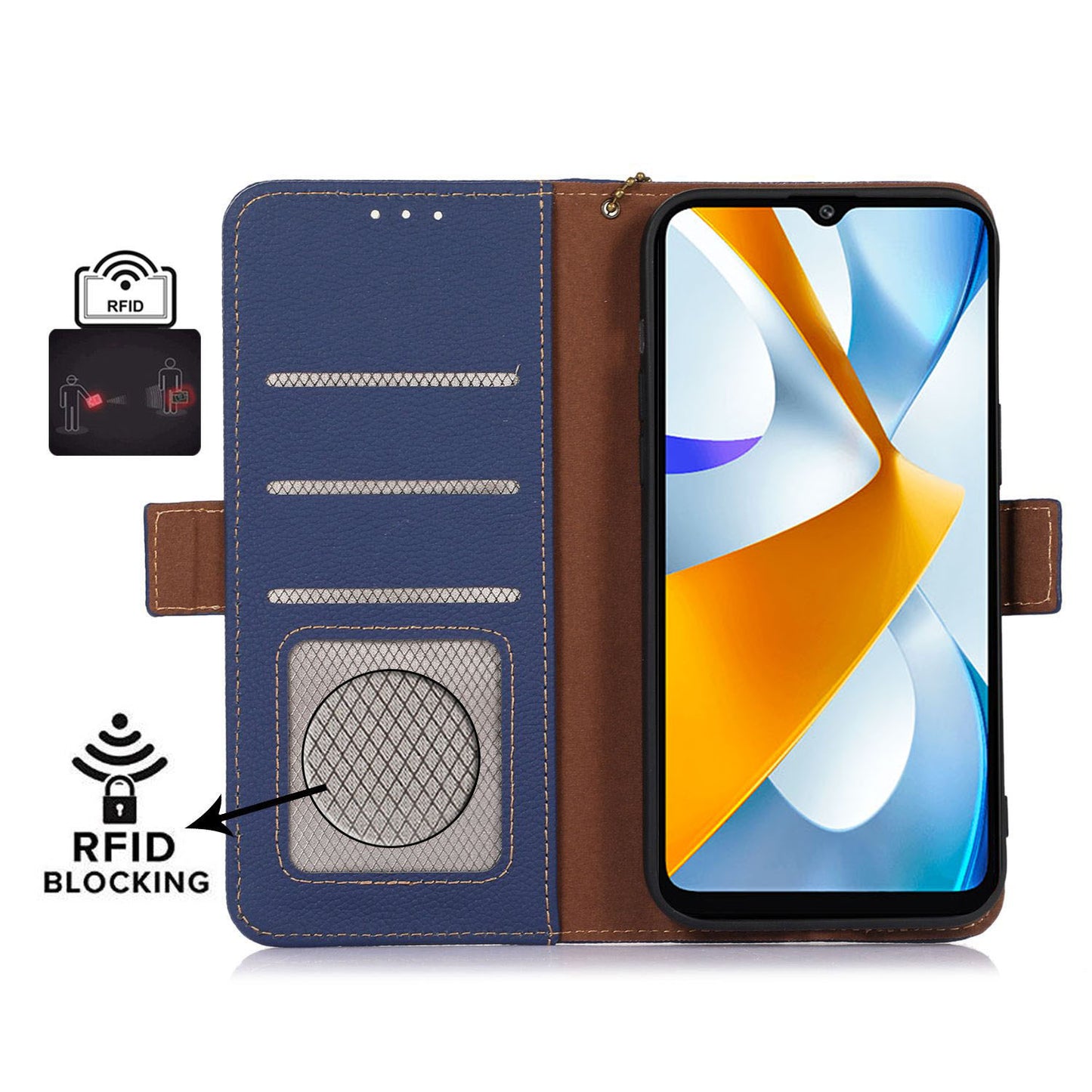 RFID Blocking Phone Case for Xiaomi Redmi 12 4G , Genuine Cow Leather Stand Wallet Anti-drop Cover