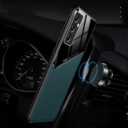 For Samsung Galaxy M14 5G PU Leather Coated TPU+PC Anti-drop Phone Back Case with Car Mount Metal Sheet