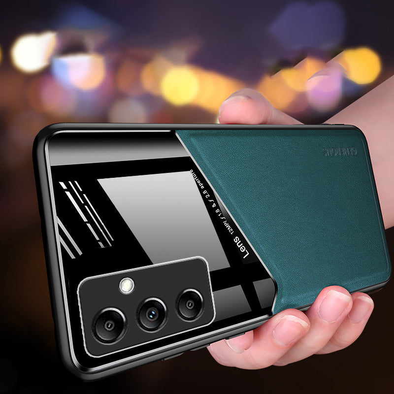 For Samsung Galaxy M14 5G PU Leather Coated TPU+PC Anti-drop Phone Back Case with Car Mount Metal Sheet