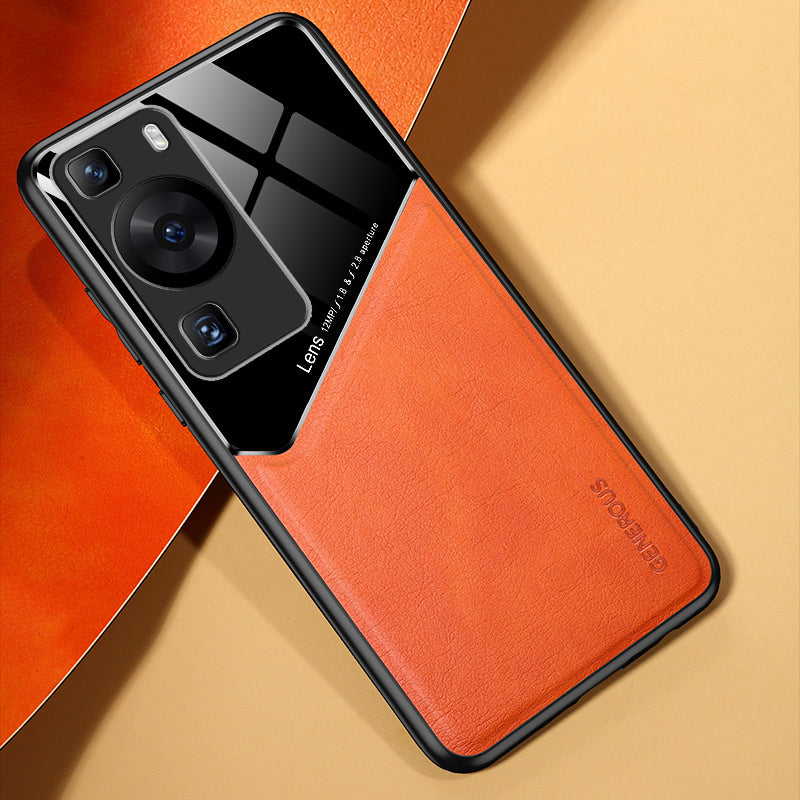 For Huawei P60 / P60 Pro PU Leather Coated TPU+PC Phone Back Case Protective Cover with Car Mount Metal Sheet