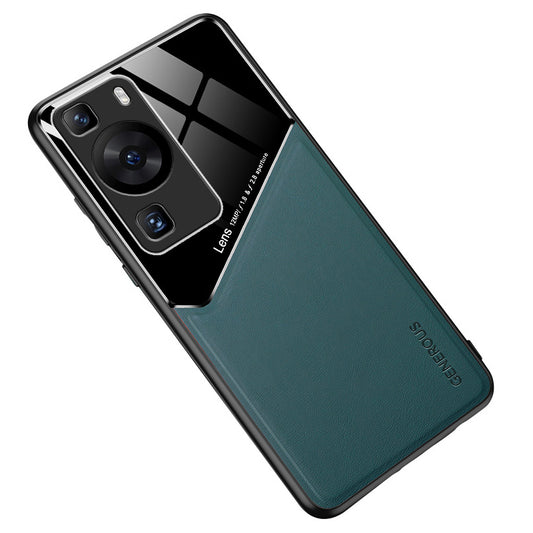 For Huawei P60 / P60 Pro PU Leather Coated TPU+PC Phone Back Case Protective Cover with Car Mount Metal Sheet