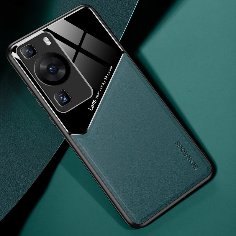 For Huawei P60 / P60 Pro PU Leather Coated TPU+PC Phone Back Case Protective Cover with Car Mount Metal Sheet