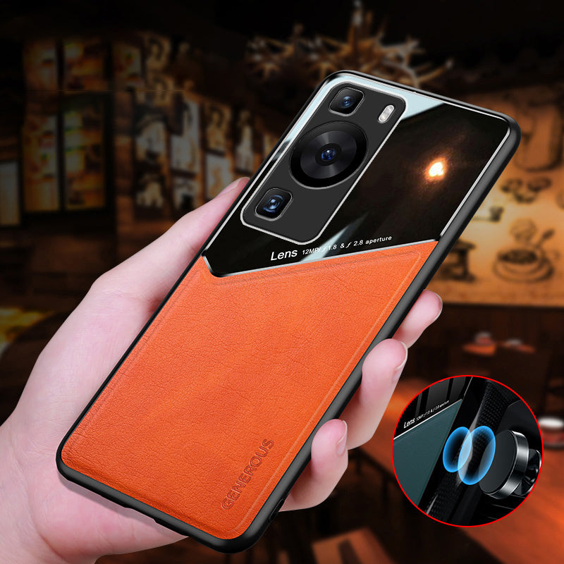 For Huawei P60 / P60 Pro PU Leather Coated TPU+PC Phone Back Case Protective Cover with Car Mount Metal Sheet
