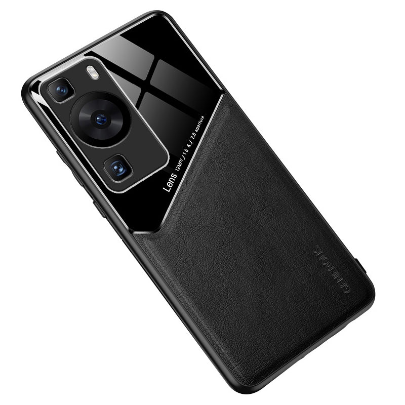 For Huawei P60 / P60 Pro PU Leather Coated TPU+PC Phone Back Case Protective Cover with Car Mount Metal Sheet