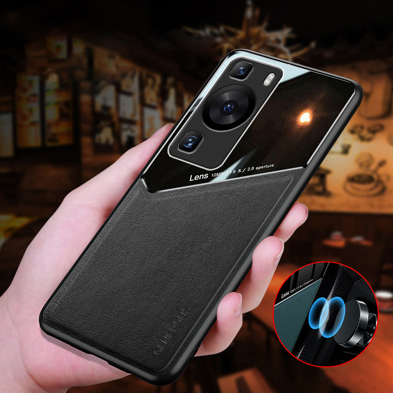 For Huawei P60 / P60 Pro PU Leather Coated TPU+PC Phone Back Case Protective Cover with Car Mount Metal Sheet