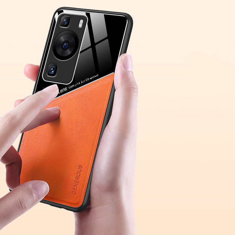 For Huawei P60 / P60 Pro PU Leather Coated TPU+PC Phone Back Case Protective Cover with Car Mount Metal Sheet