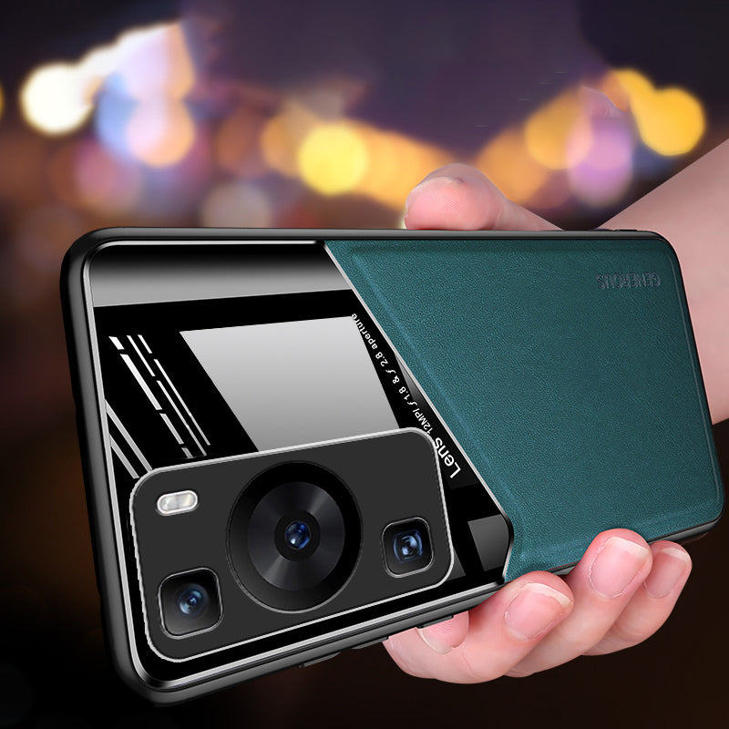 For Huawei P60 / P60 Pro PU Leather Coated TPU+PC Phone Back Case Protective Cover with Car Mount Metal Sheet