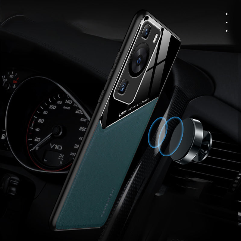 For Huawei P60 / P60 Pro PU Leather Coated TPU+PC Phone Back Case Protective Cover with Car Mount Metal Sheet