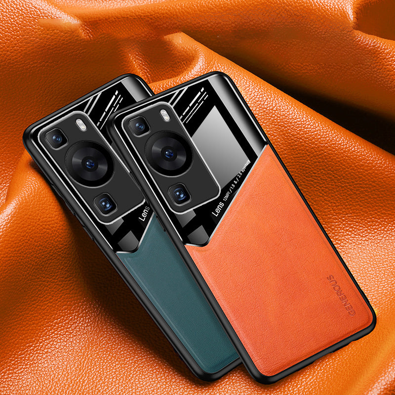 For Huawei P60 / P60 Pro PU Leather Coated TPU+PC Phone Back Case Protective Cover with Car Mount Metal Sheet