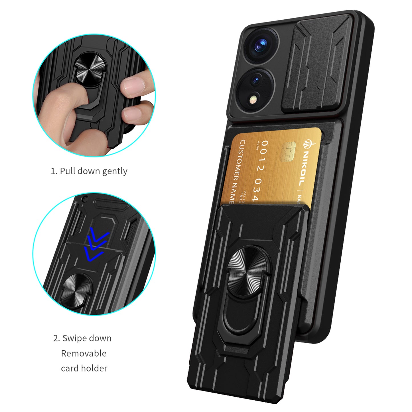 For Oppo A78 5G / A58 5G Slide Camera Phone Case PC+TPU Kickstand Cover with Card Holder