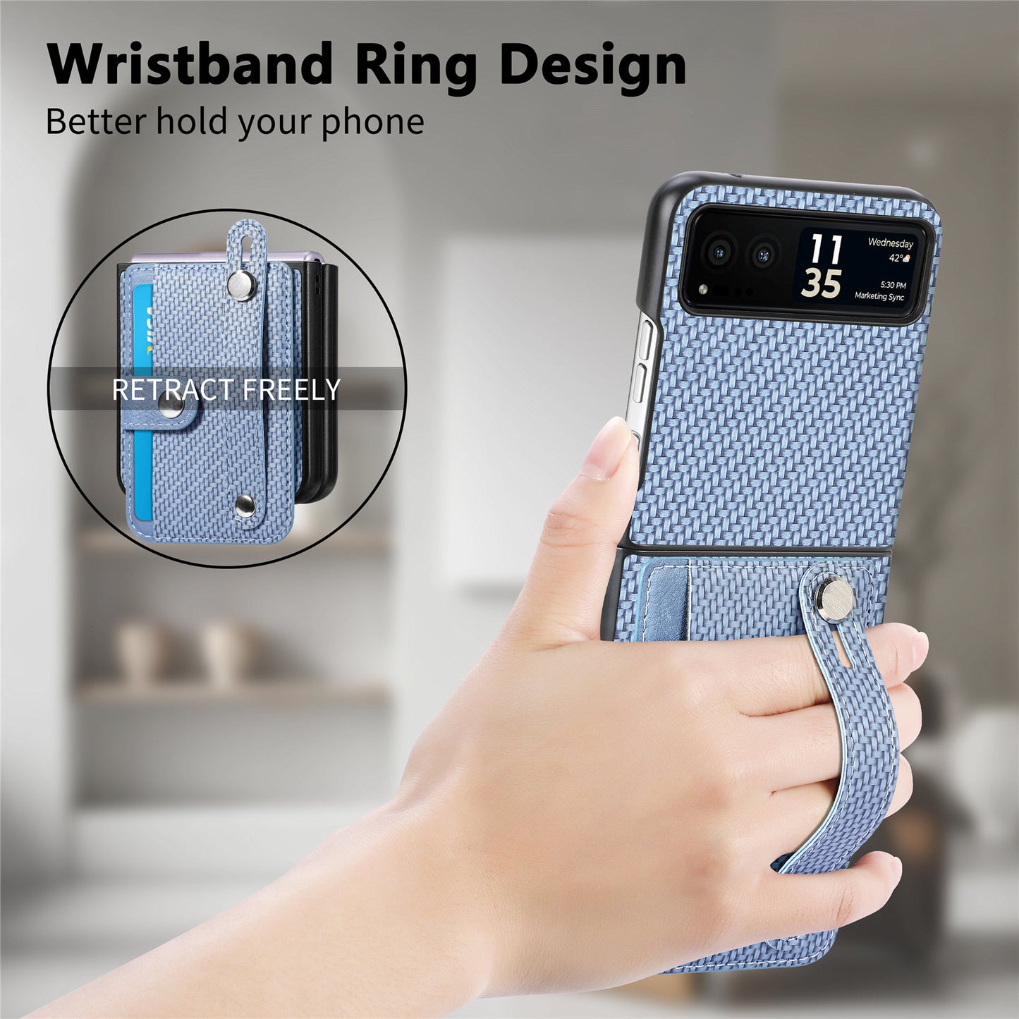 PU Leather+PC Phone Case for Motorola Razr 40 5G , Carbon Fiber Texture Wristband Kickstand Cover