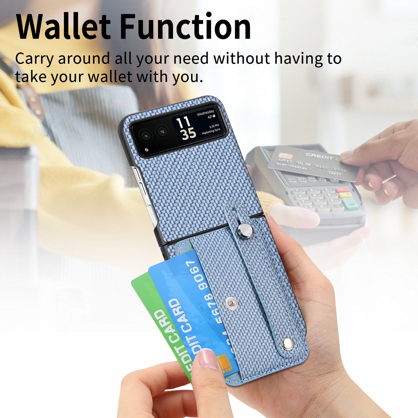 PU Leather+PC Phone Case for Motorola Razr 40 5G , Carbon Fiber Texture Wristband Kickstand Cover