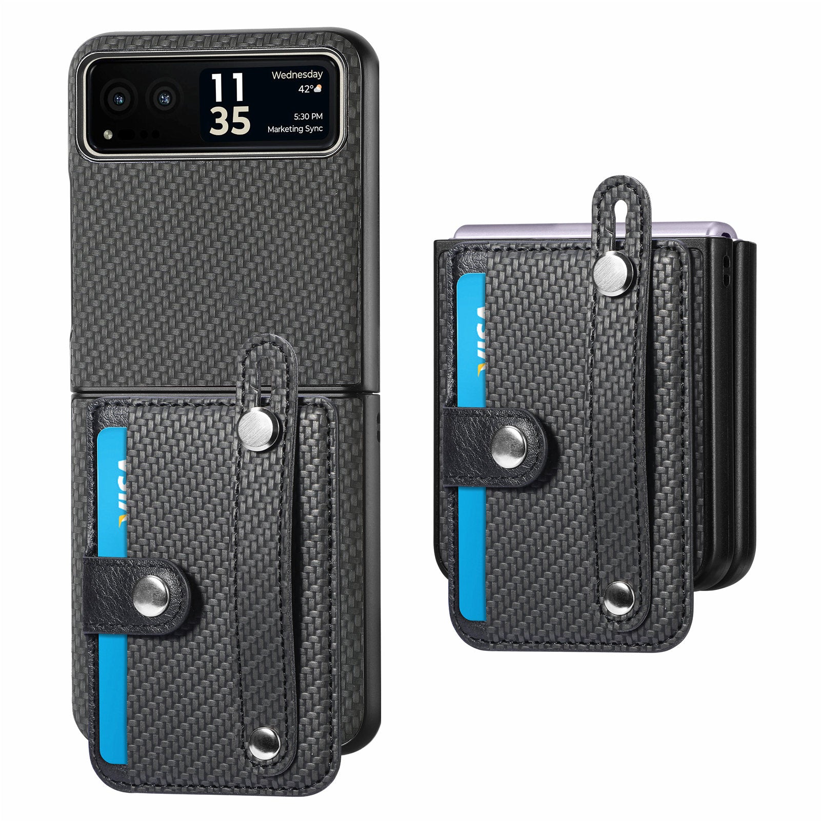 PU Leather+PC Phone Case for Motorola Razr 40 5G , Carbon Fiber Texture Wristband Kickstand Cover