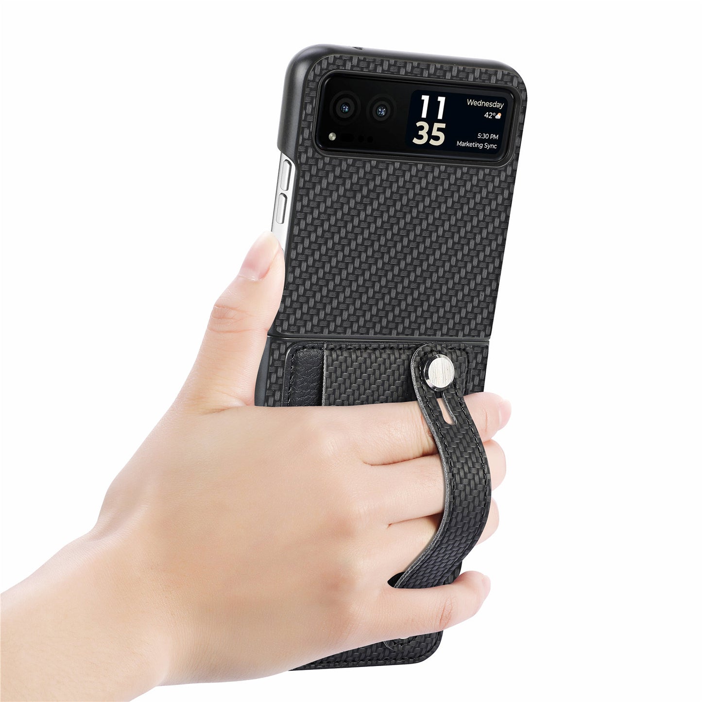 PU Leather+PC Phone Case for Motorola Razr 40 5G , Carbon Fiber Texture Wristband Kickstand Cover