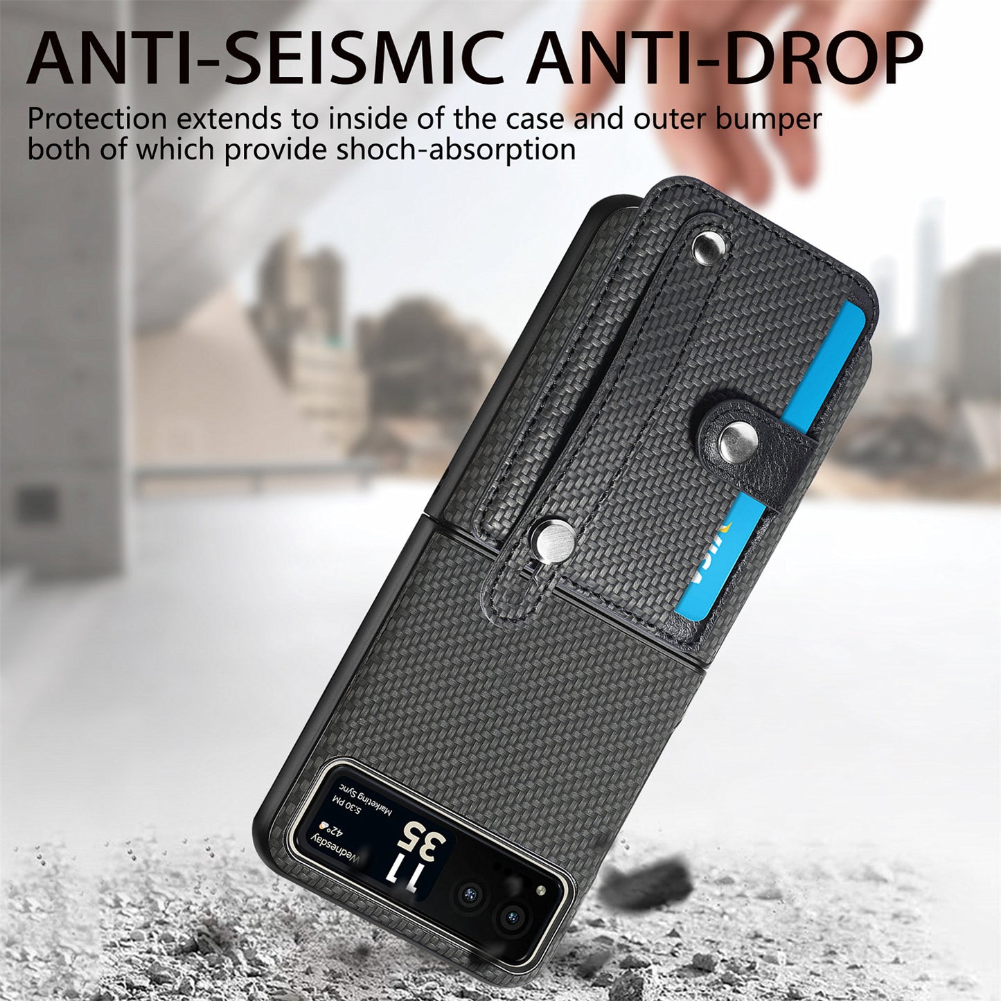 PU Leather+PC Phone Case for Motorola Razr 40 5G , Carbon Fiber Texture Wristband Kickstand Cover