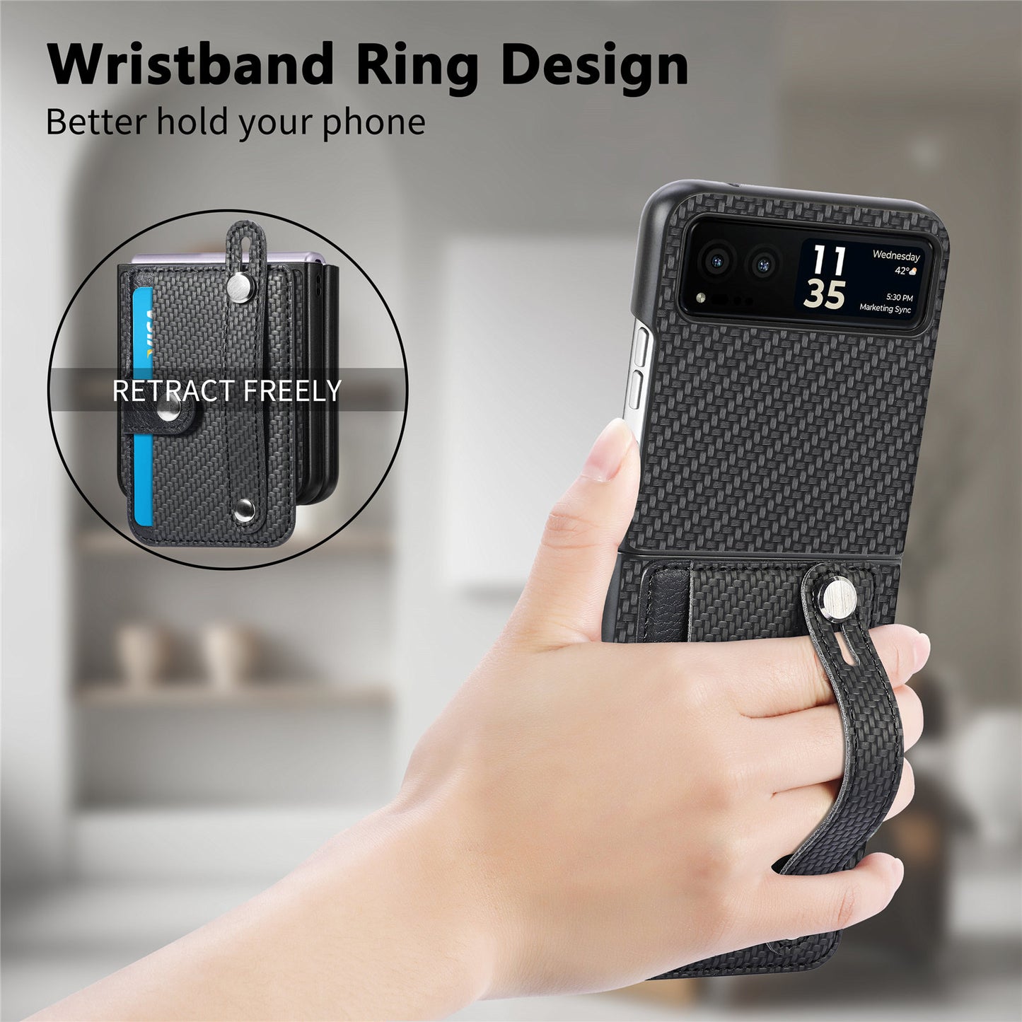 PU Leather+PC Phone Case for Motorola Razr 40 5G , Carbon Fiber Texture Wristband Kickstand Cover