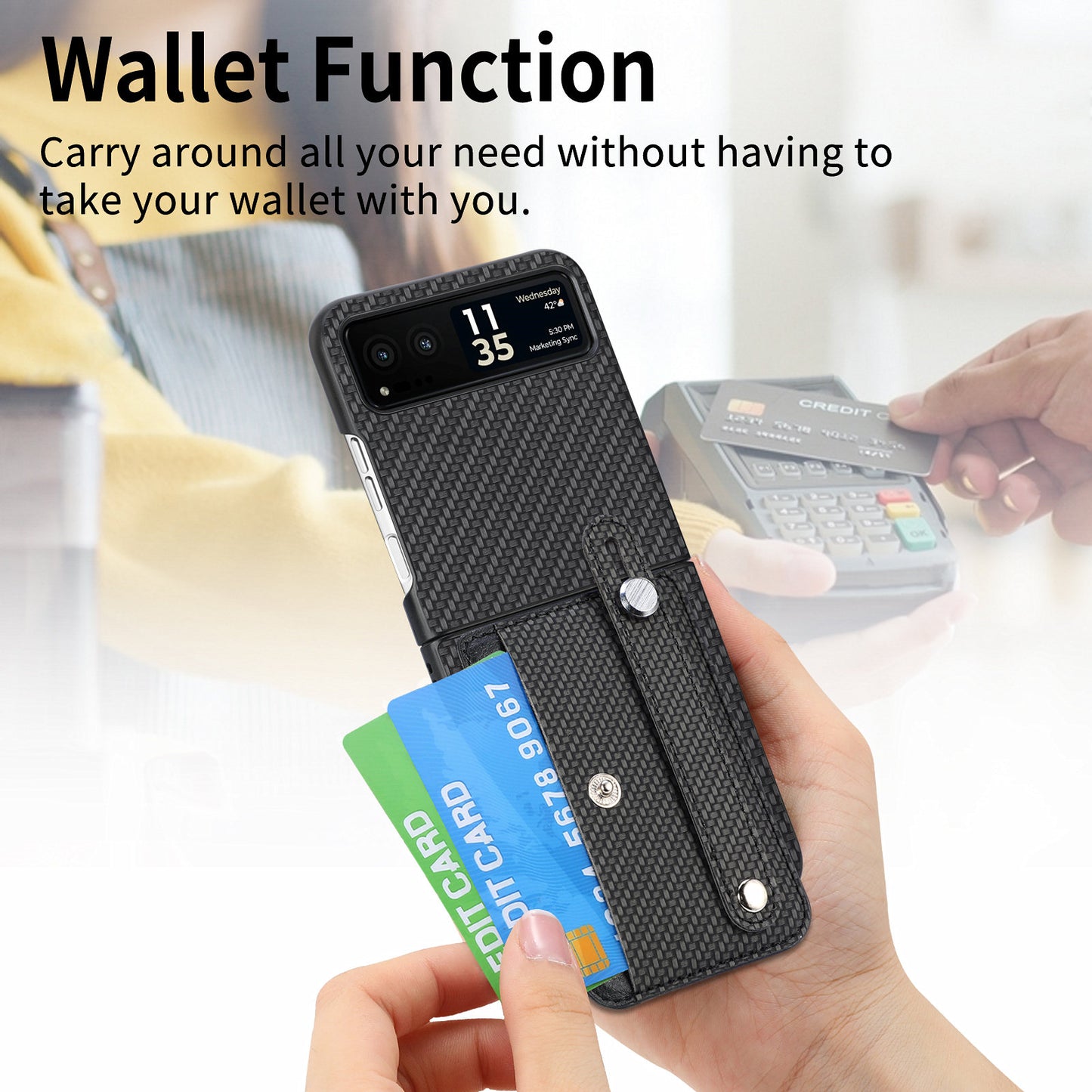 PU Leather+PC Phone Case for Motorola Razr 40 5G , Carbon Fiber Texture Wristband Kickstand Cover