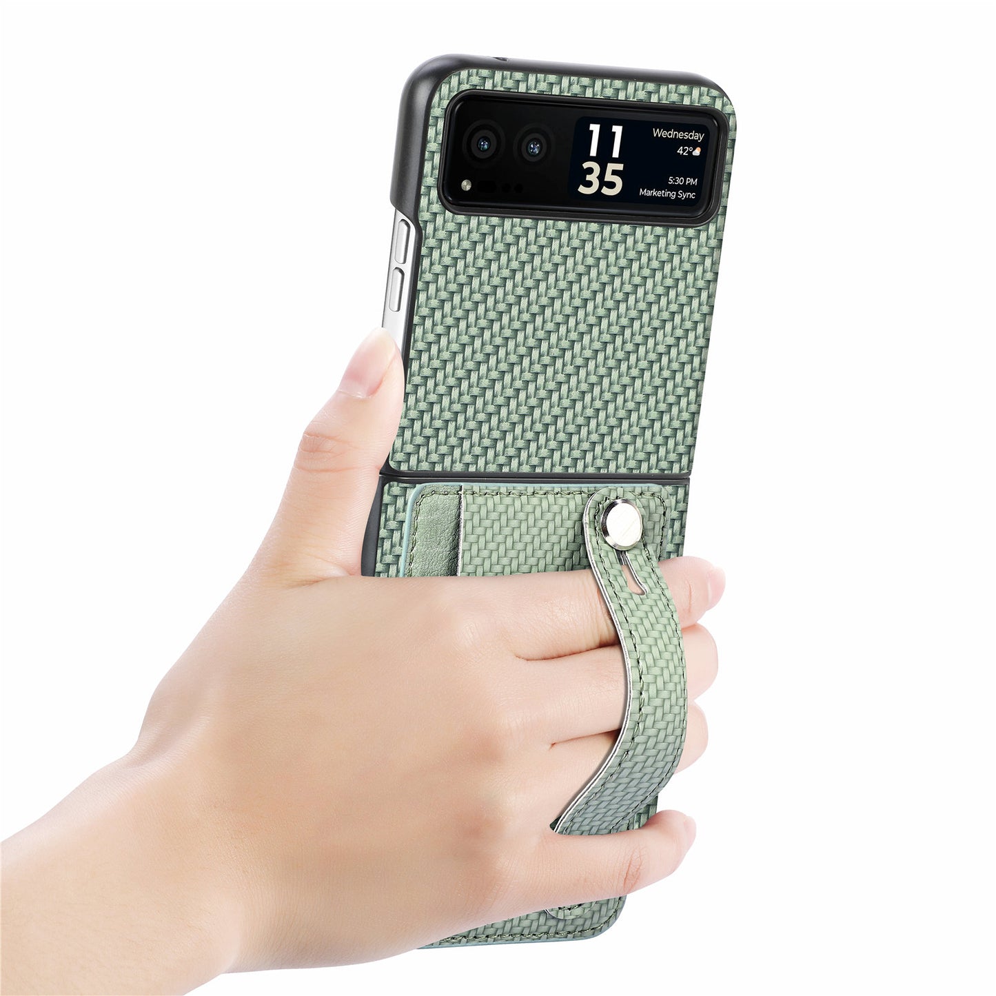 PU Leather+PC Phone Case for Motorola Razr 40 5G , Carbon Fiber Texture Wristband Kickstand Cover