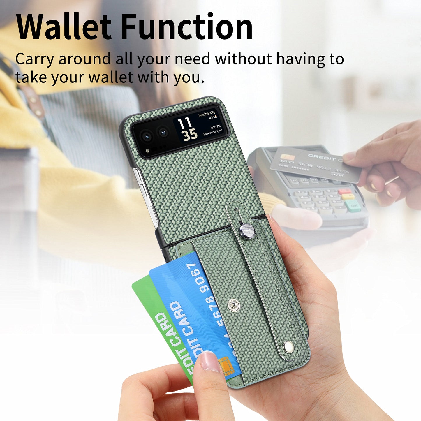 PU Leather+PC Phone Case for Motorola Razr 40 5G , Carbon Fiber Texture Wristband Kickstand Cover