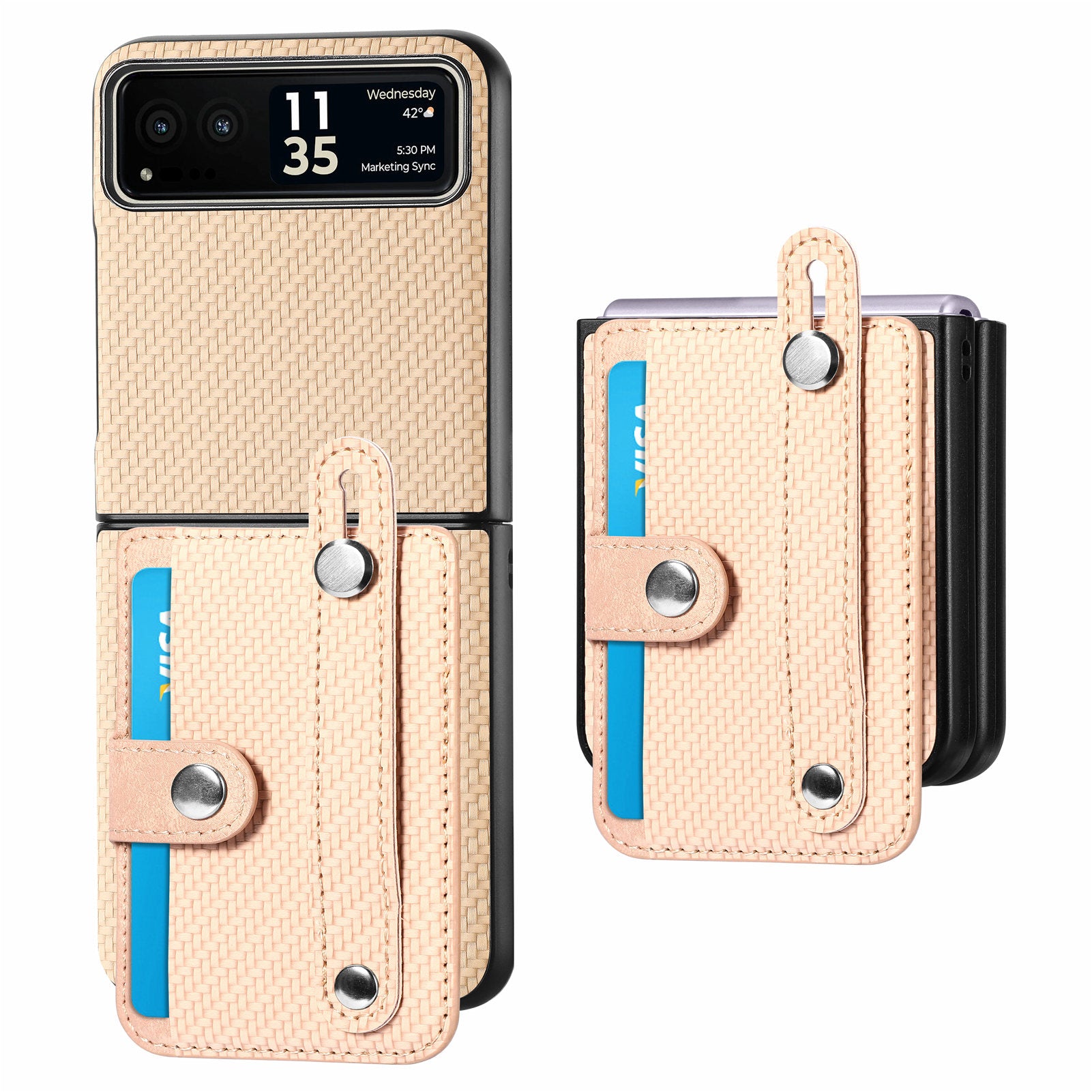 PU Leather+PC Phone Case for Motorola Razr 40 5G , Carbon Fiber Texture Wristband Kickstand Cover